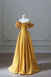 Off the Shoulder Yellow Satin Long Semi Formal Prom Dresses, Off Shoulder Yellow Long Formal Evening Dresses